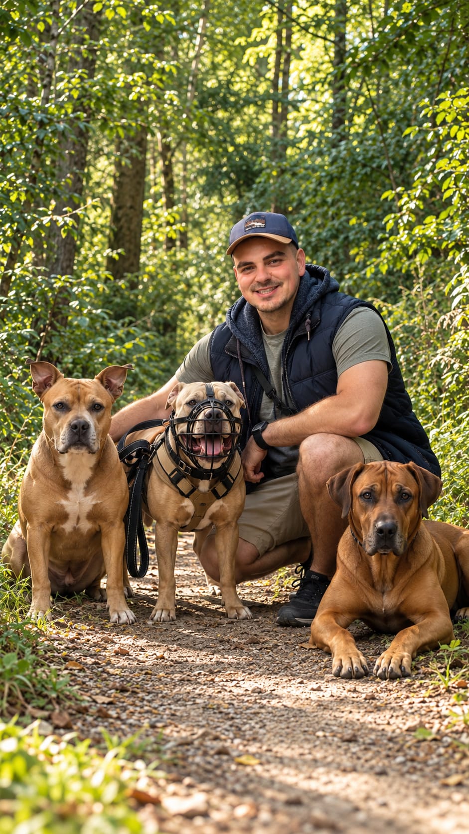 Rudi vom Hunderudl mit drei Hunden